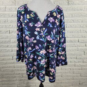 Karen Scott Women Top 2X Plus 3/4 Sleeve Blue Floral Quarter Button FLO121XE